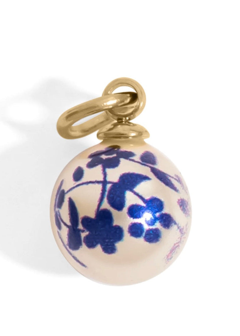 Blue Floral Pearl Charm — Stainless Steel Pendant