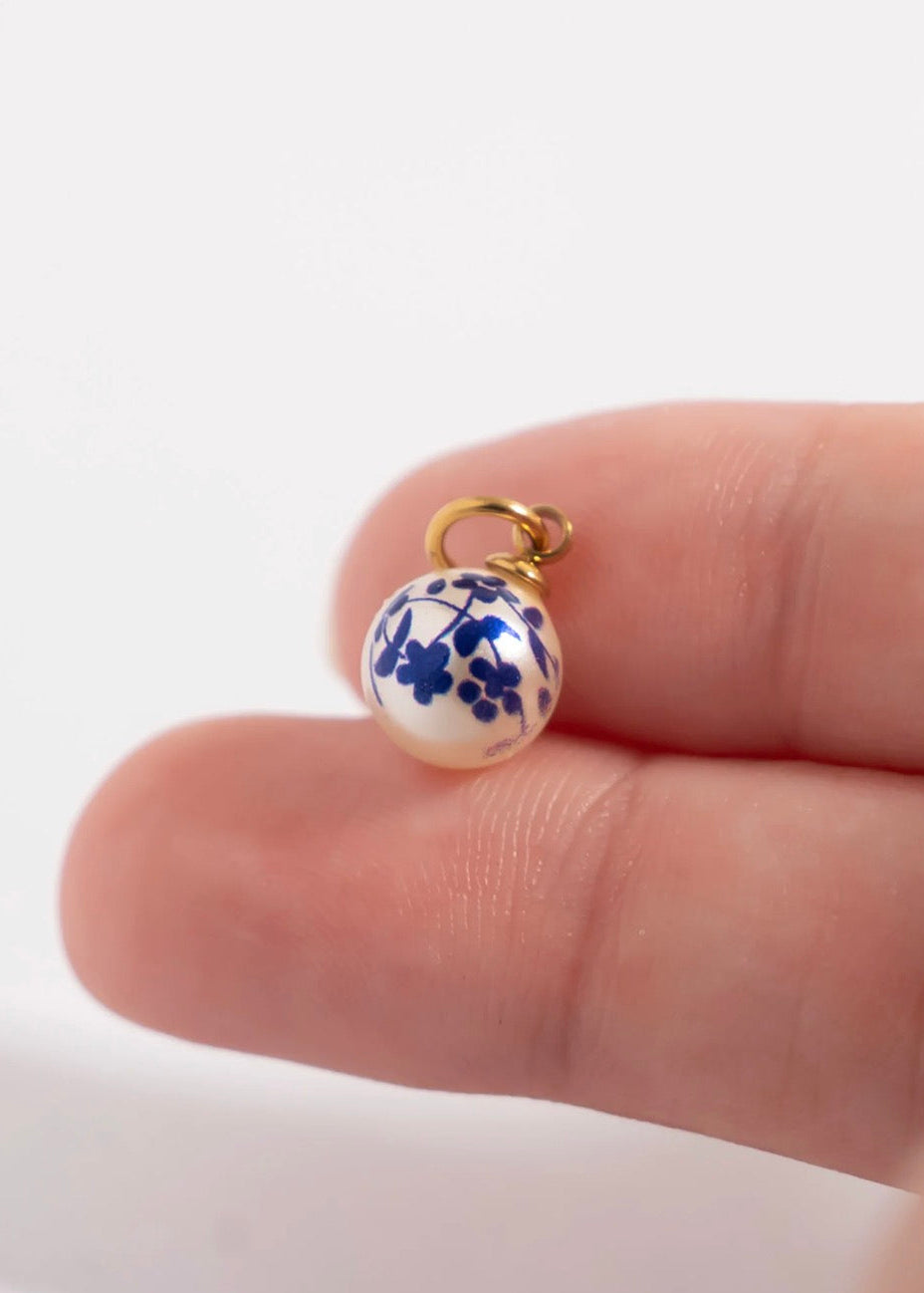 Blue Floral Pearl Charm — Stainless Steel Pendant
