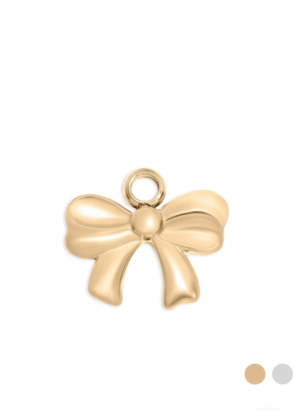 A polished gold bow-shaped charm pendant with a top loop, shown on a plain white background with two small color swatches in the bottom right corner.