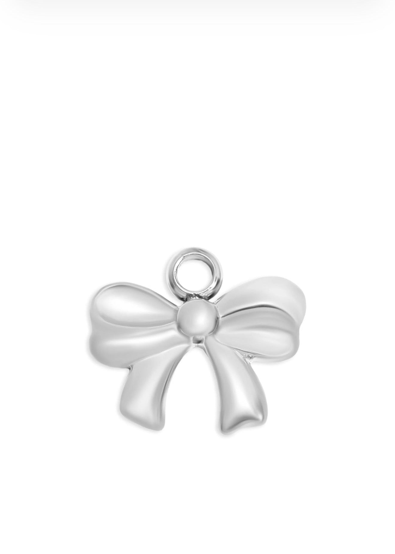 A polished silver bow-shaped charm with a small top loop, shown on a plain white background.