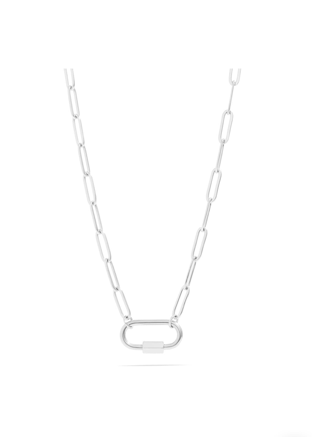 Gold paperclip carabiner necklace angled on display card