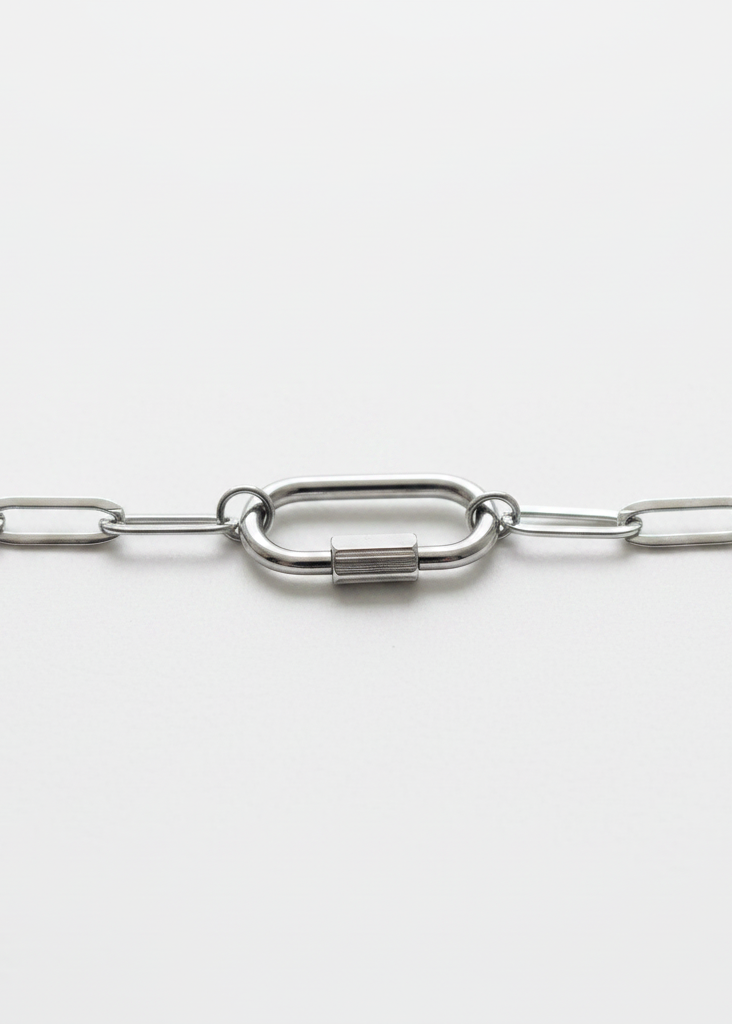 Silver carabiner clasp close-up on white background