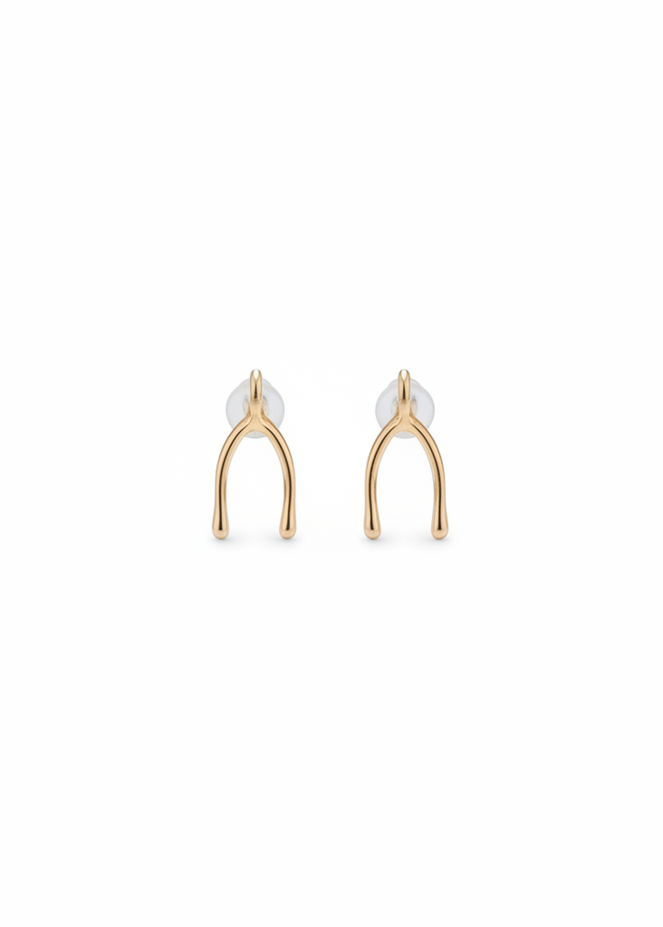 Pair of vintage 9K gold wishbone stud earrings on white background