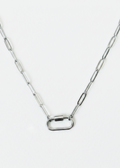 Silver paperclip carabiner necklace on white background