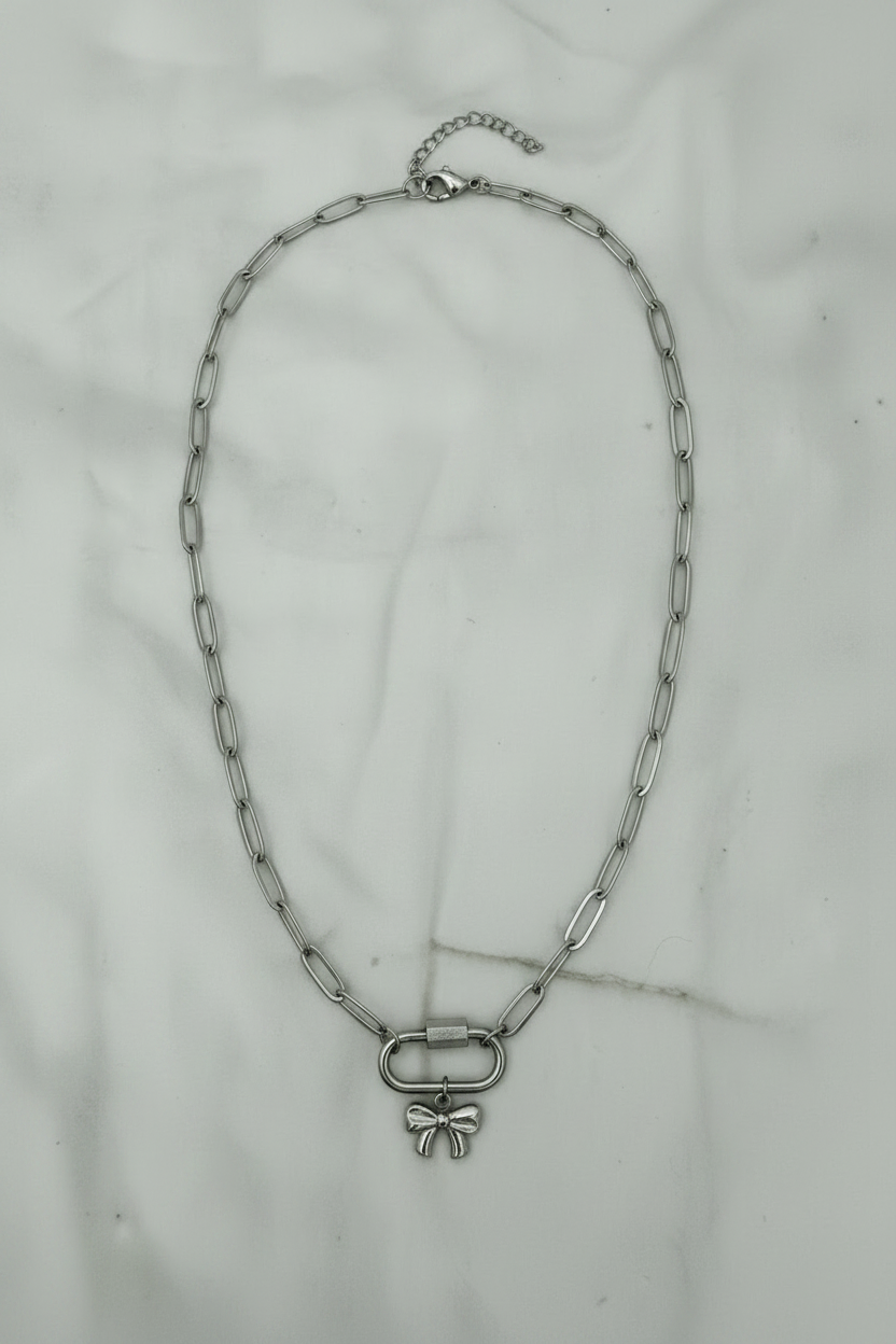 Silver Carabiner Bow Necklace - Fixed Chain